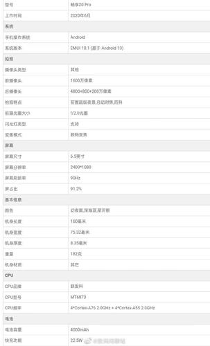 荣耀20pro参数详细参数表